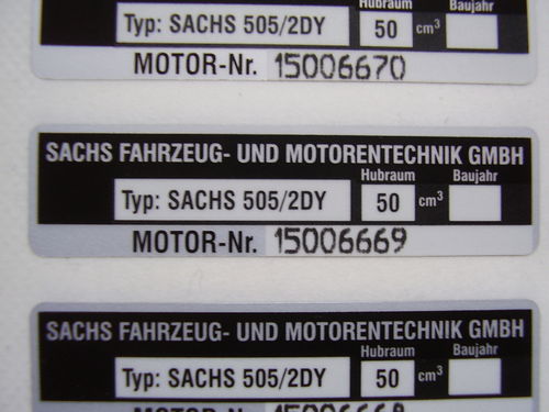 (C5) Aufkleber Sachs "505/2DY Typschild Motornummer" Hercules P3 Optima 3 3S DK D1 D2 50